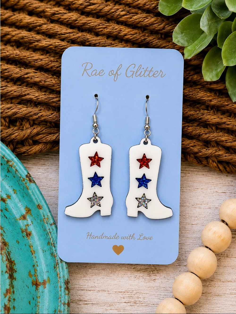White Cowboy Boot Star Earrings - Red, Blue, Silver Stars